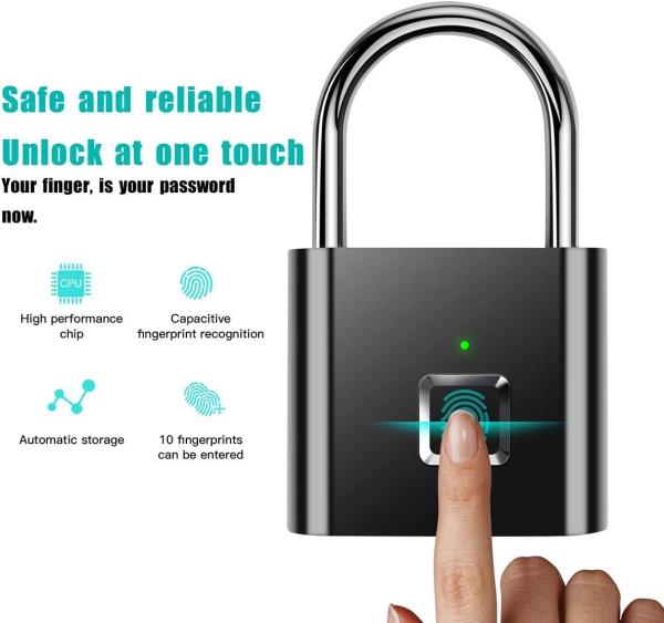 Black Silver Color Smart Fingerprint Padlock Waterproof Keyless Thumbprint For