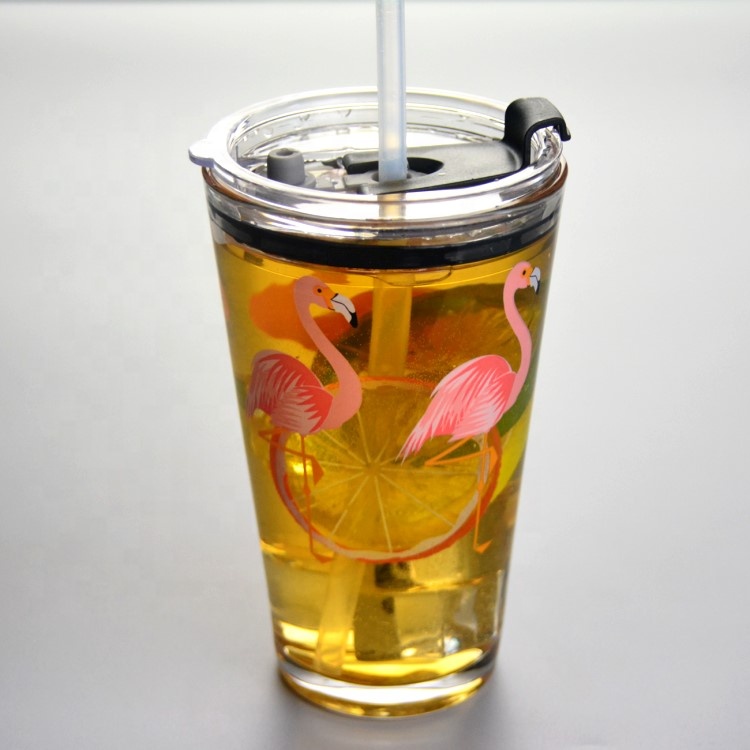 Decorated Pint Ice Tea Glass Cup With Lid And Silicate Straw Cocktail Tumbler Drinking Glasses