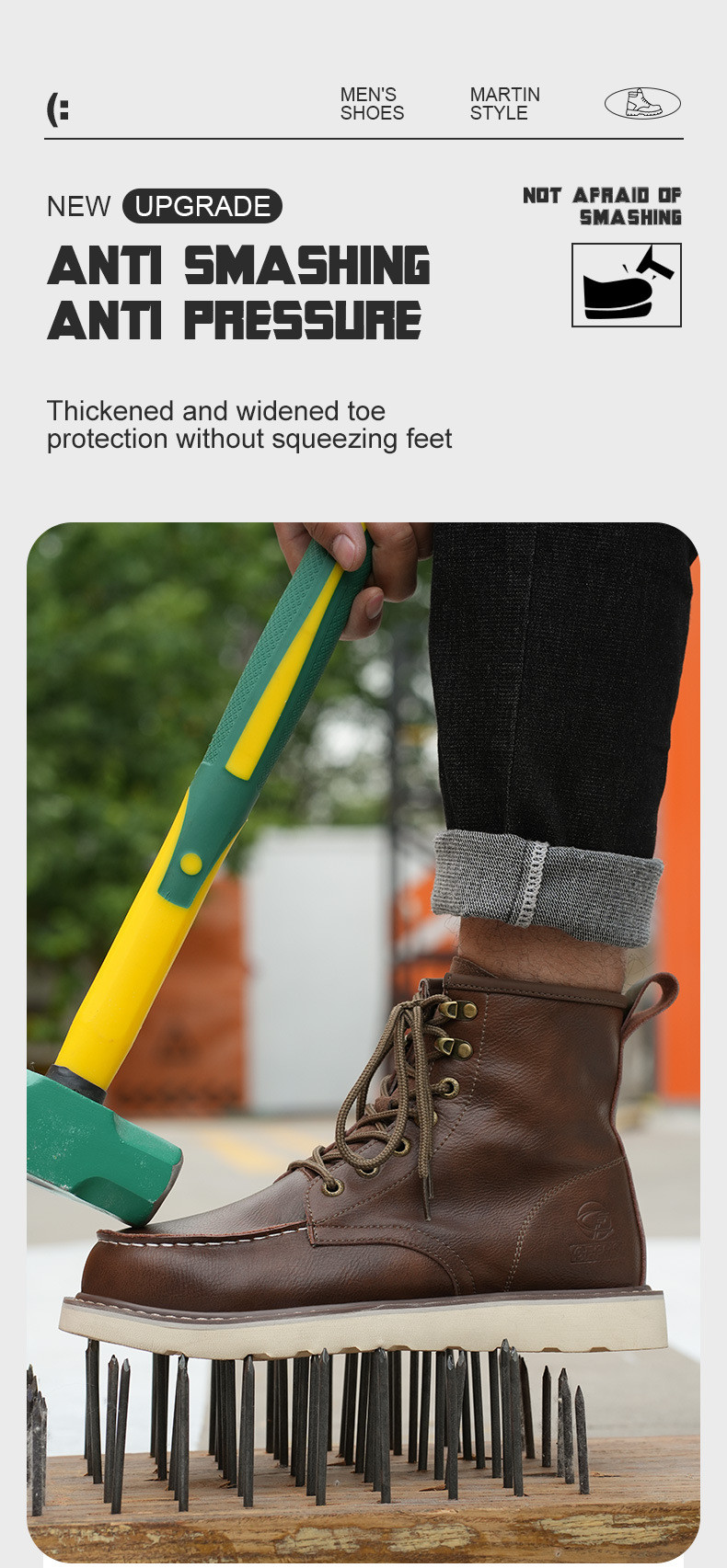 Brown Cowhide Rubber Sole Security Safety Boots Steel Toe Anti Smashing Kevlar Anti Proof Work