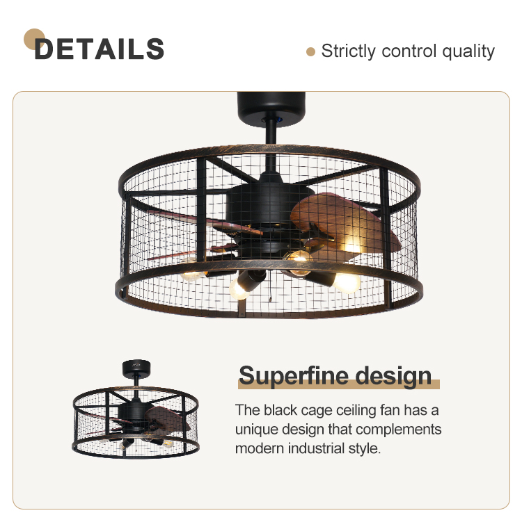 20 Inch Small Bedroom Ceiling Fan with Light MDF Blades Metal Cage Remote Control