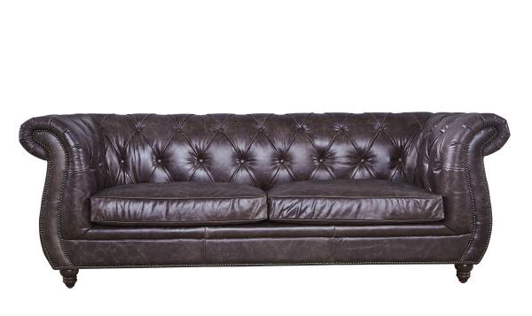 Vintage Dark Brown Leather Three Seater Sofa Fine Upholstering Buttons Strong