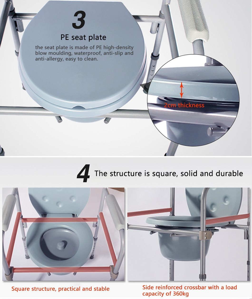 Height Adjustable Hospital Bathroom Folding Steel Toilet Chair Shower Seat