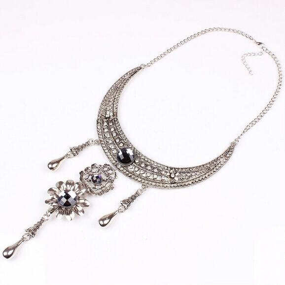ethnic style vintage bohemian ancient silver plated diamond necklace sweater