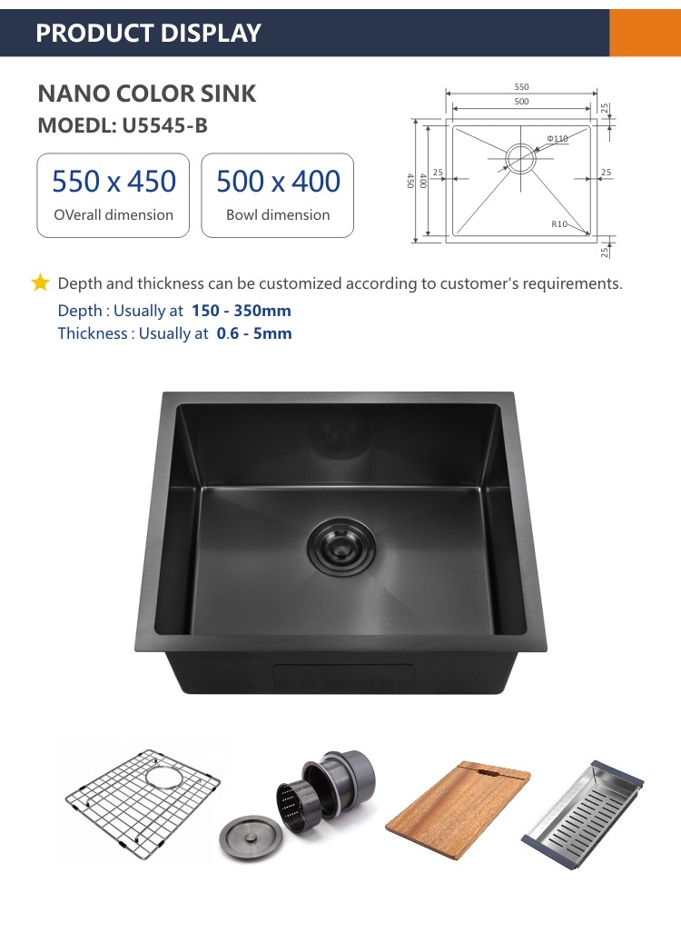 21 5/8" 550mm 1 Bowl Brushed Stainless Steel Undermount Kitchen Sink 55x45