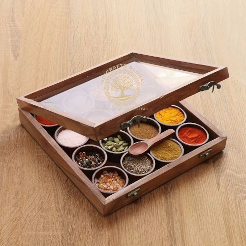 Wooden Handcrafted Spice Box with 16 Round Compartments & Spoon, Wood Spice Box Set Mother's Day Gift