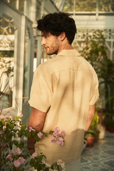 Ramie Men's Casual Short Sleeve Shirts Cuban Dress Apricot Loose
