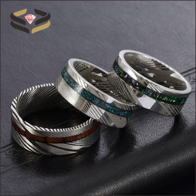 Custom Men's Damascus Steel Rings Round With Galaxy Opal Turquoise Wood Inlay