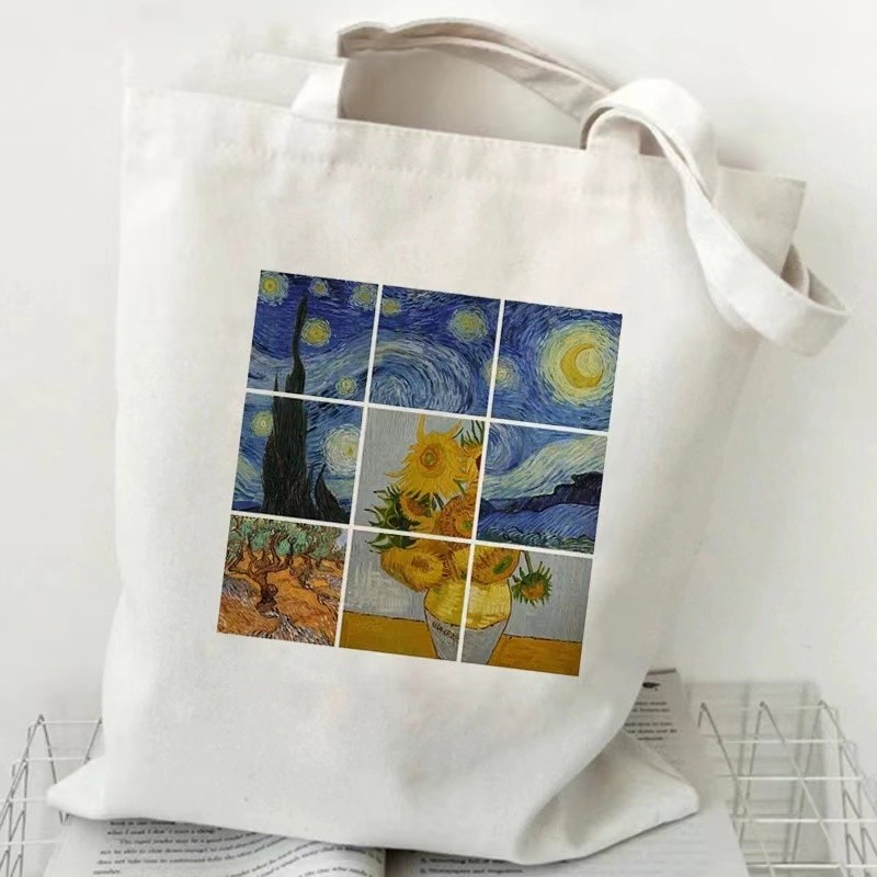 Grocery Shopping Tote Custom Printing Eco Canvas Handbag With VAN GAGH Painting