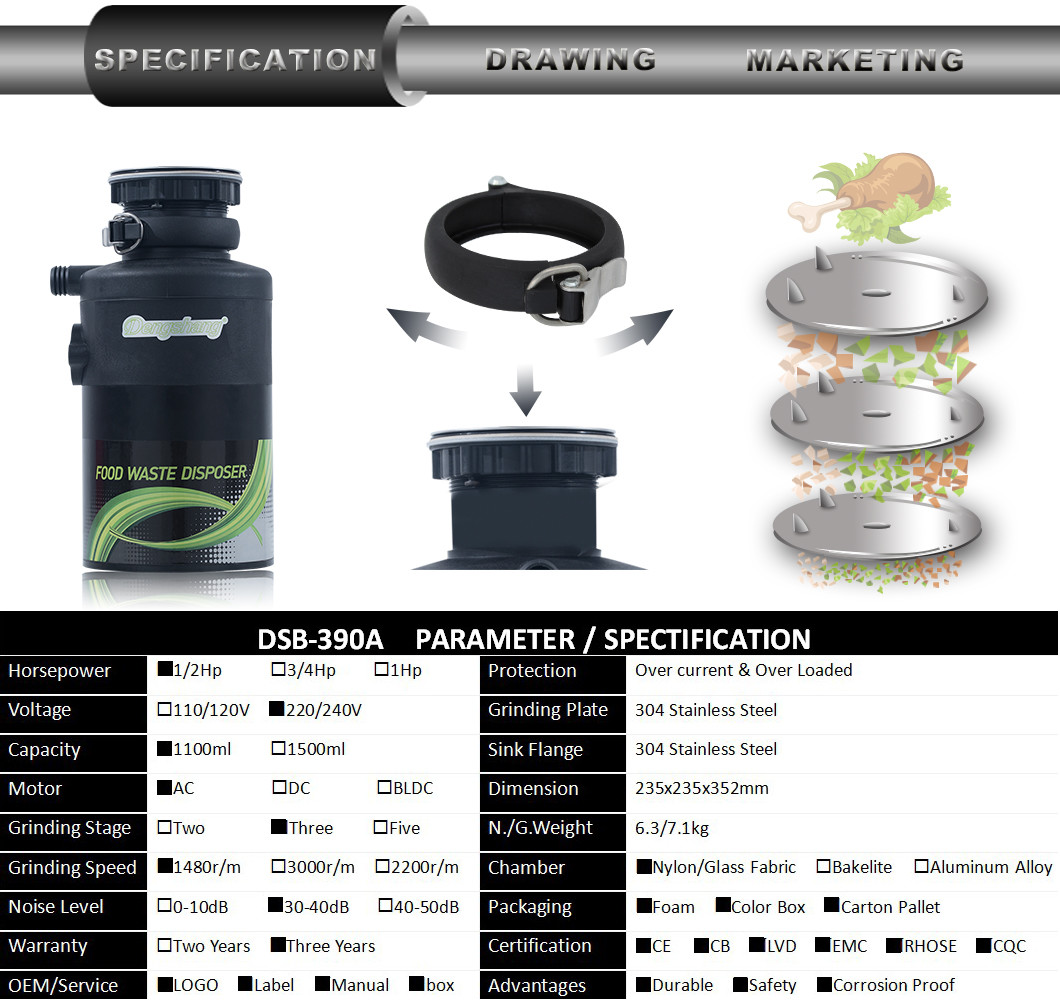 DSB-390A 2019 New Kitchen Appliance Food Waste Disposer 3/4 HP