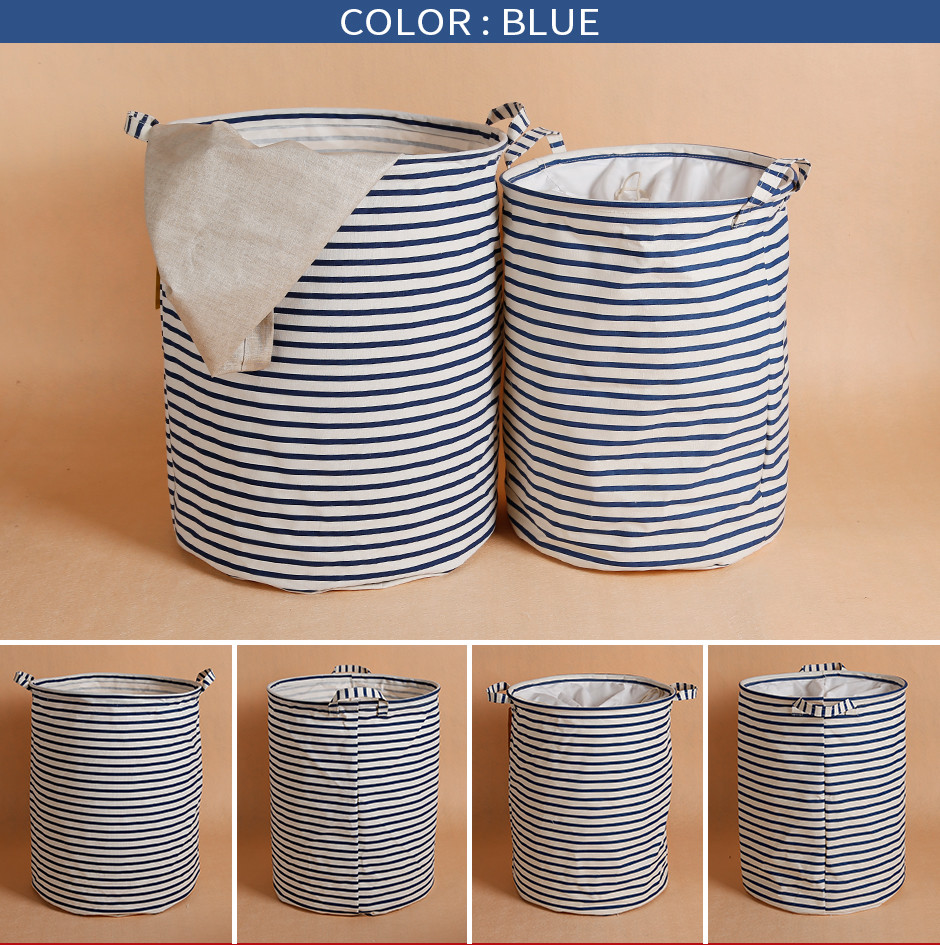Puting portable Laundry basket storage bag box bathroom hamper bin customized colors stripe Green blue Cotton Linen