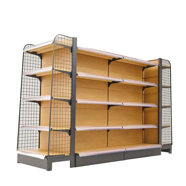 Retail Store Wood Gondola Shelving Wood Grain Transfer Heavy Duty Shelves