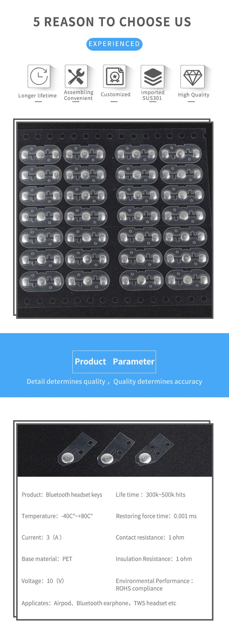 High Performance Metal Dome Arrays Stainless Steel SUS301 For Earphone Plug