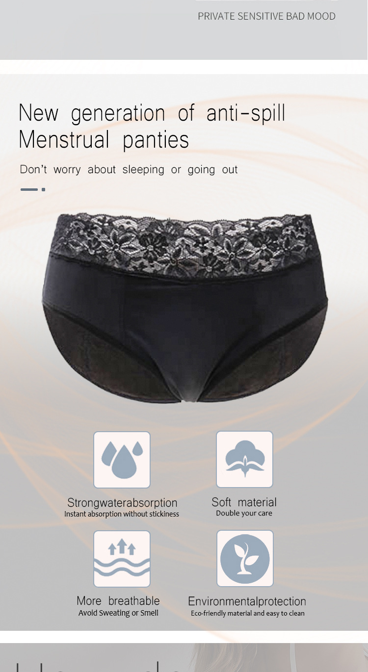 Customized 4 Layers Heavy Absorption Lady Sexy Lace Menstrual Underwear