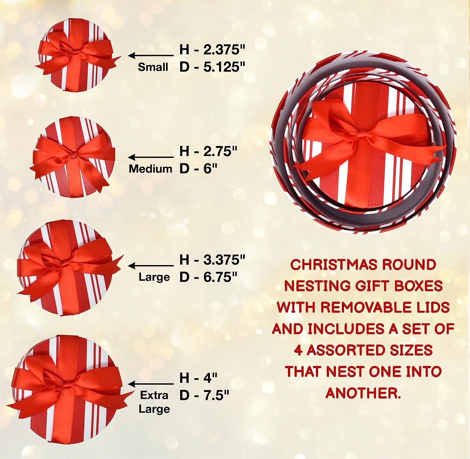 Craft Christmas Round Nesting Gift Boxes with Lids 4 Pack Red and White Candy Cookie Box