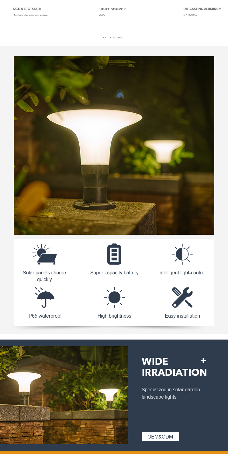 OEM Outdoor Garden Solar Column Pillar Lights 150 Lumens Weatherproof
