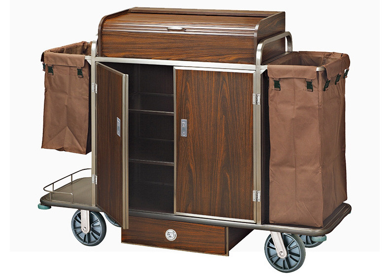 Brown Hotel Room Service Trolleys with 6 Inches PPR Casters Heavy Duty Linen Bags