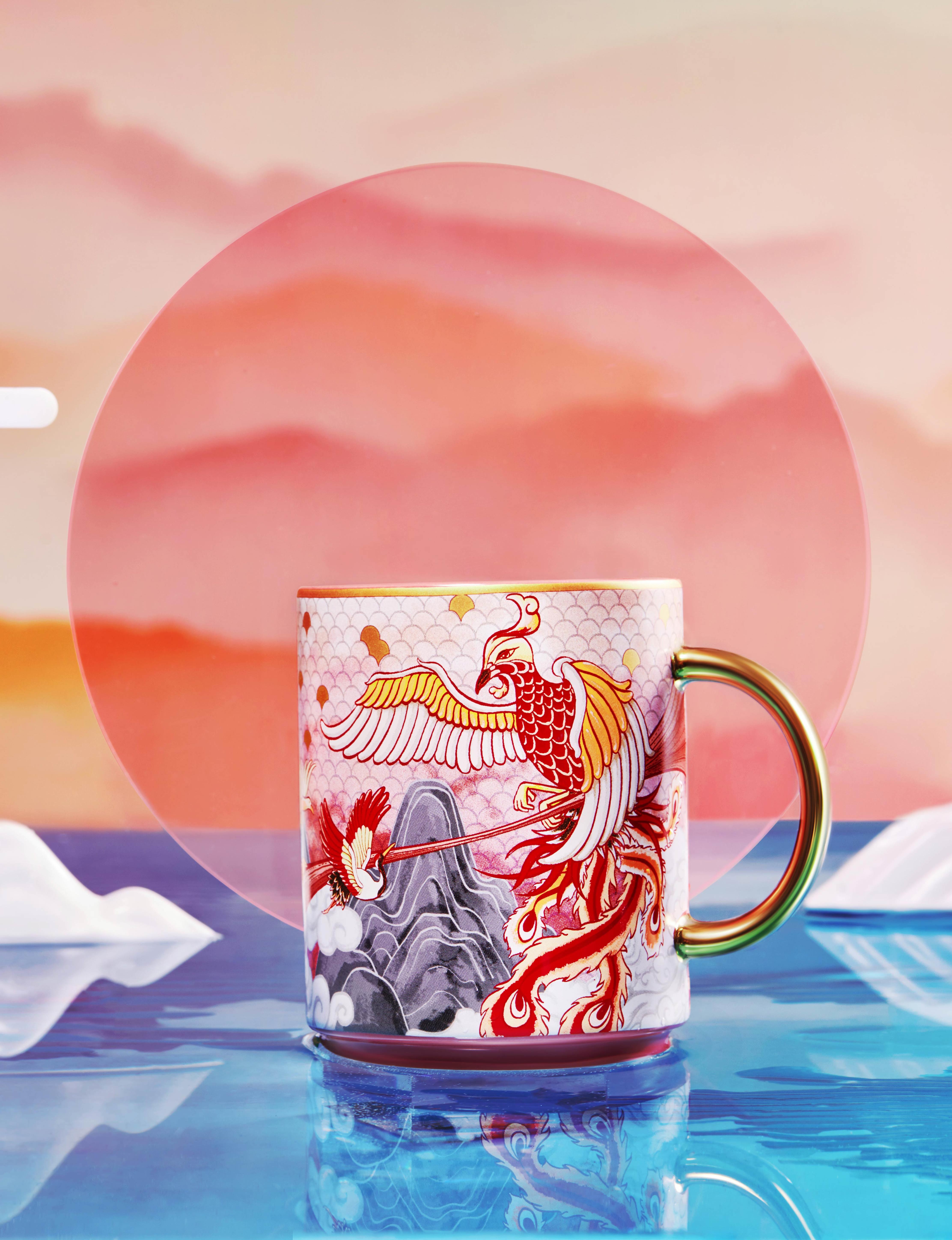 Chinese decal ceramic mugs 11oz coffee mug Style Vintage Decal Tall Ceramic Mugs with handle for gift