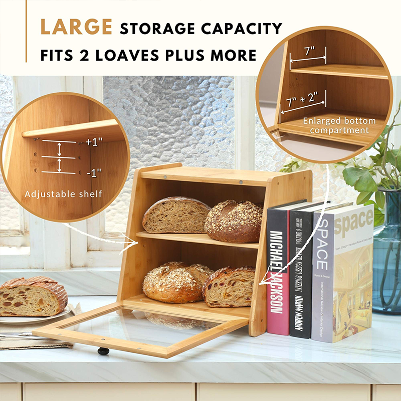 GLOSSY 2 Tier Large Transparent Window Food Storage Bamboo Bread Box Capacity 6-10L