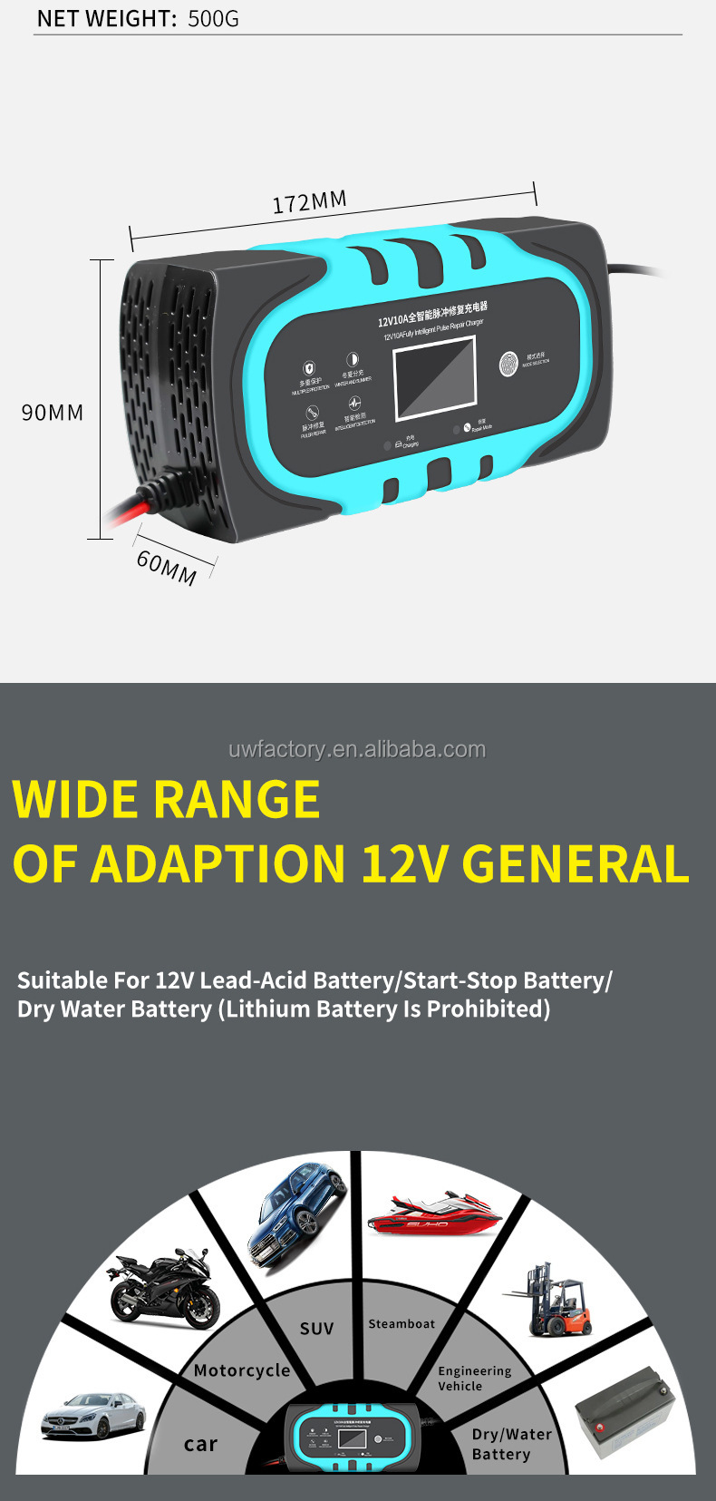 Private Mold 12V6A 7A 8A 10A 15A 20A Motorcycle Car Battery Charger Intelligent General Repair Type Lead Acid Battery Charger