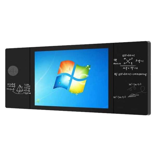 86 Inch Interactive Smart Digital Blackboard Central Display Interface A smart blackboard showing a blue desktop screen with math formulas written on the side wings