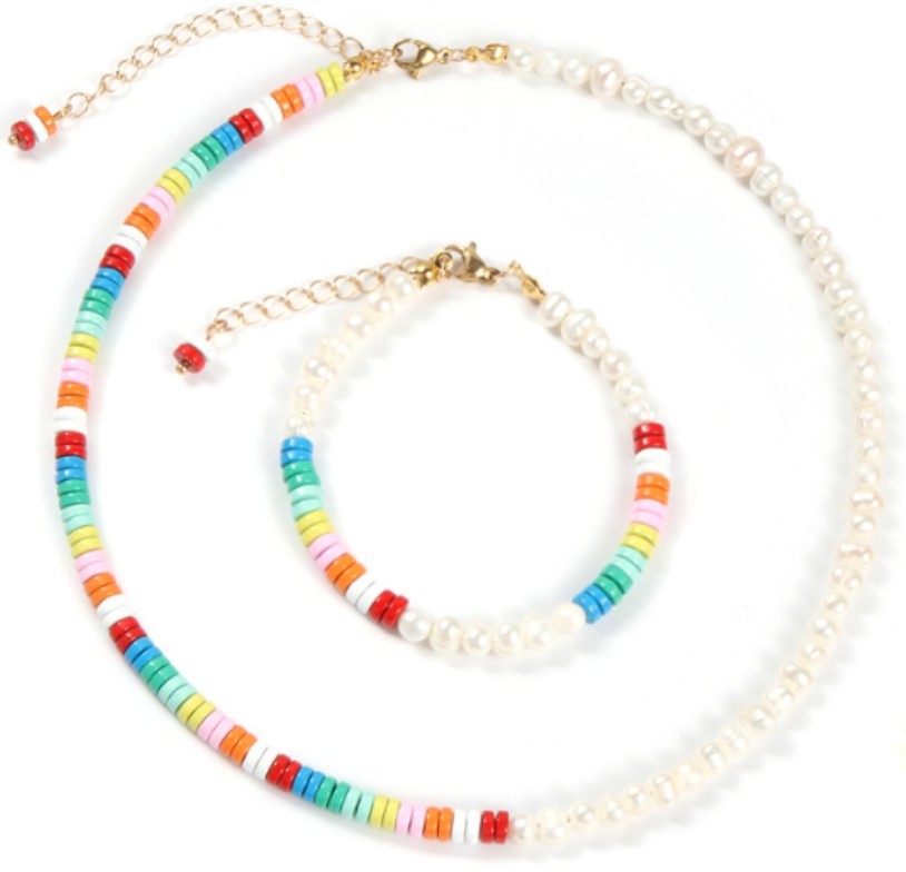 5-6mm Freshwater Pearl Bracelet , rainbow colored Enamel Bead Bracelet
