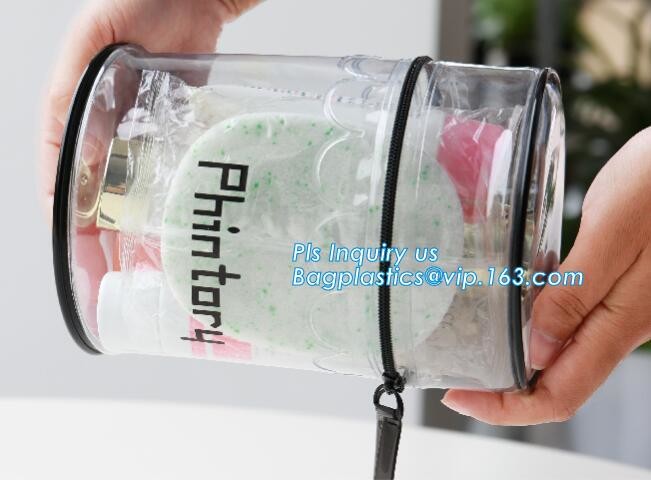 ZIP BARREL BAG, Cosmetic bag PVC in cylinder shape, Cylinder Round Folable See-through Travel PVC Makeup Case, cylinder