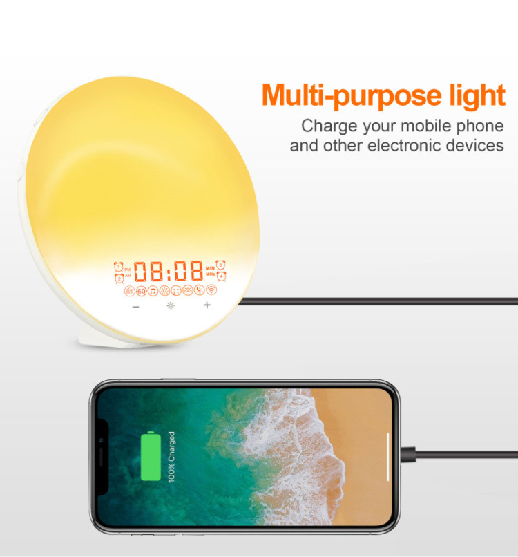 2022 New Smart APP Sunrise Wake up Light Alarm Clock with 8 Natural Music Sunrise Simulation Bedside Night light with FM