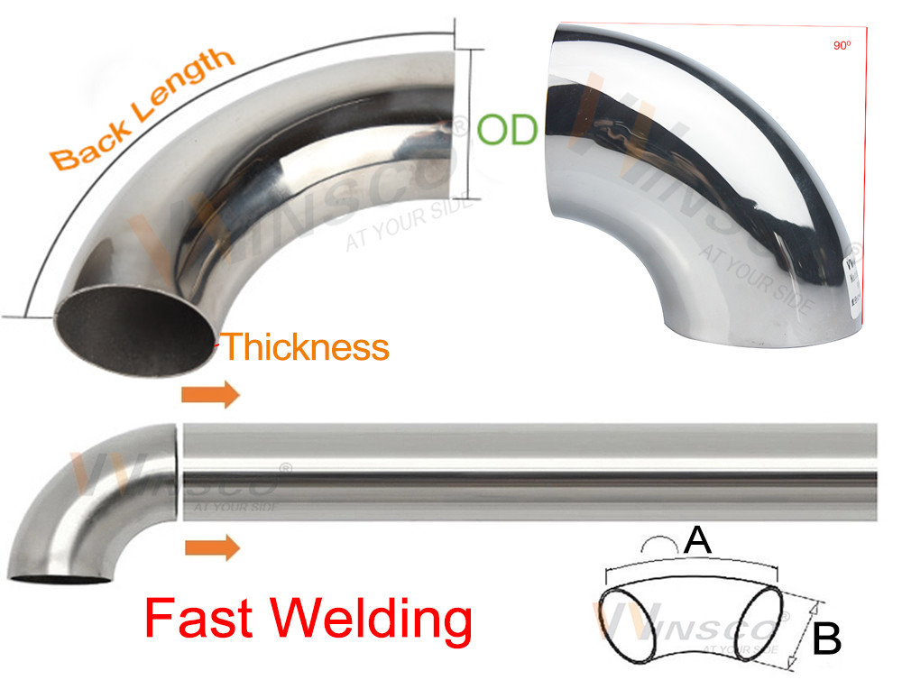 1.2mm 1.5mm Thickness 201 304 316 Grade Mirror Satin Surface 15.9mm OD Stainless Steel Handrail Elbow 55mm Arc Length