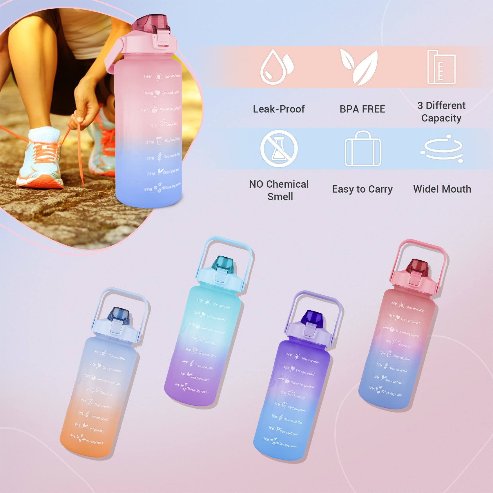 Sports Water Bottle 3 Pcs Set With Motivational Time Marker Leak Proof Flip Top Lid Gradient Purple For School Fitness Enthusiasts Indoor Outdoor