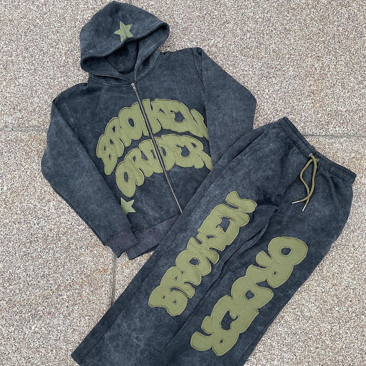 Vintage Distressed Patch Applique Embroidery Hoodie Set with Customizable Color Options