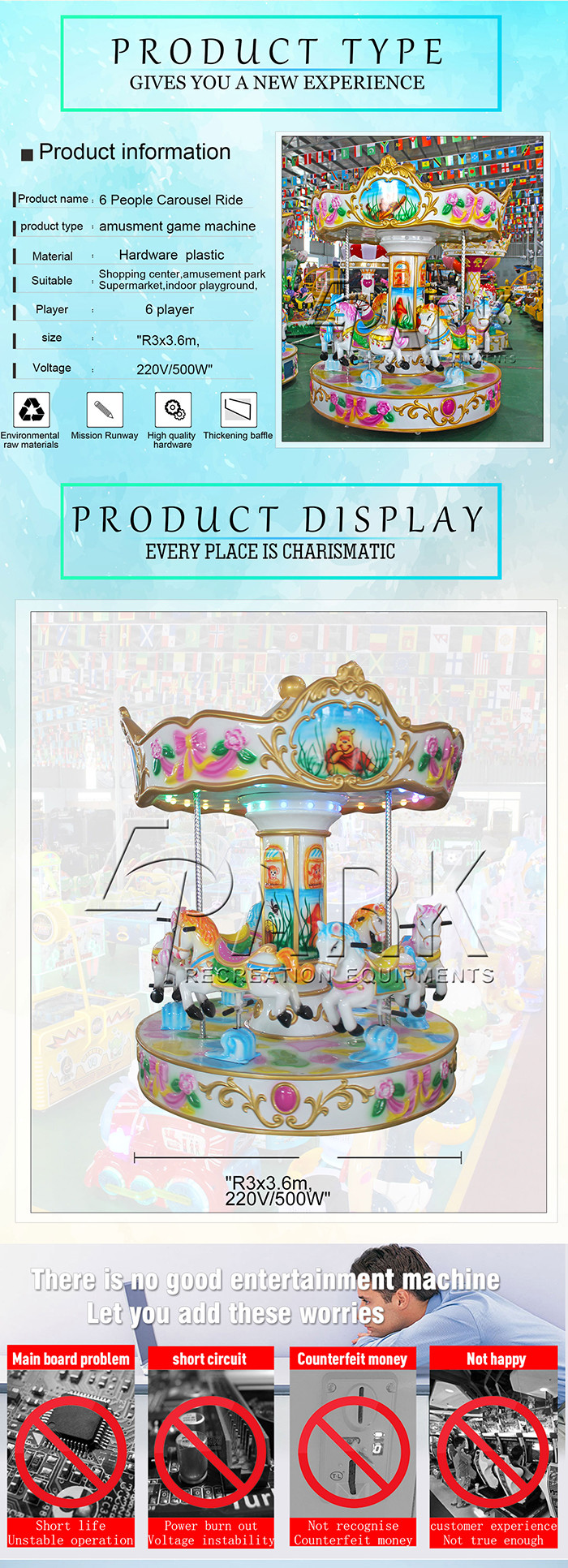 Hot Sale 6 People Carousel Ride Amusement park machine coin opreated for kids
