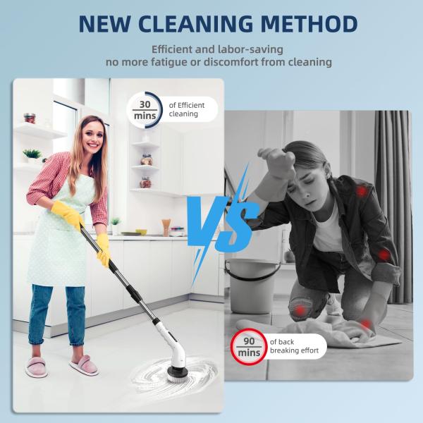 Electric Cleaning Brush 7 Replaceable Brush Heads Adjustable Handle Cordless Spin Scrubber