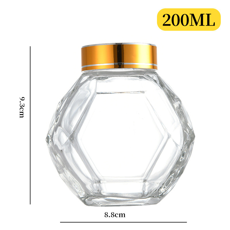200ML 380ML Glass Hexagon Honey Bottle With Golden Silver Red Black Metal Lid