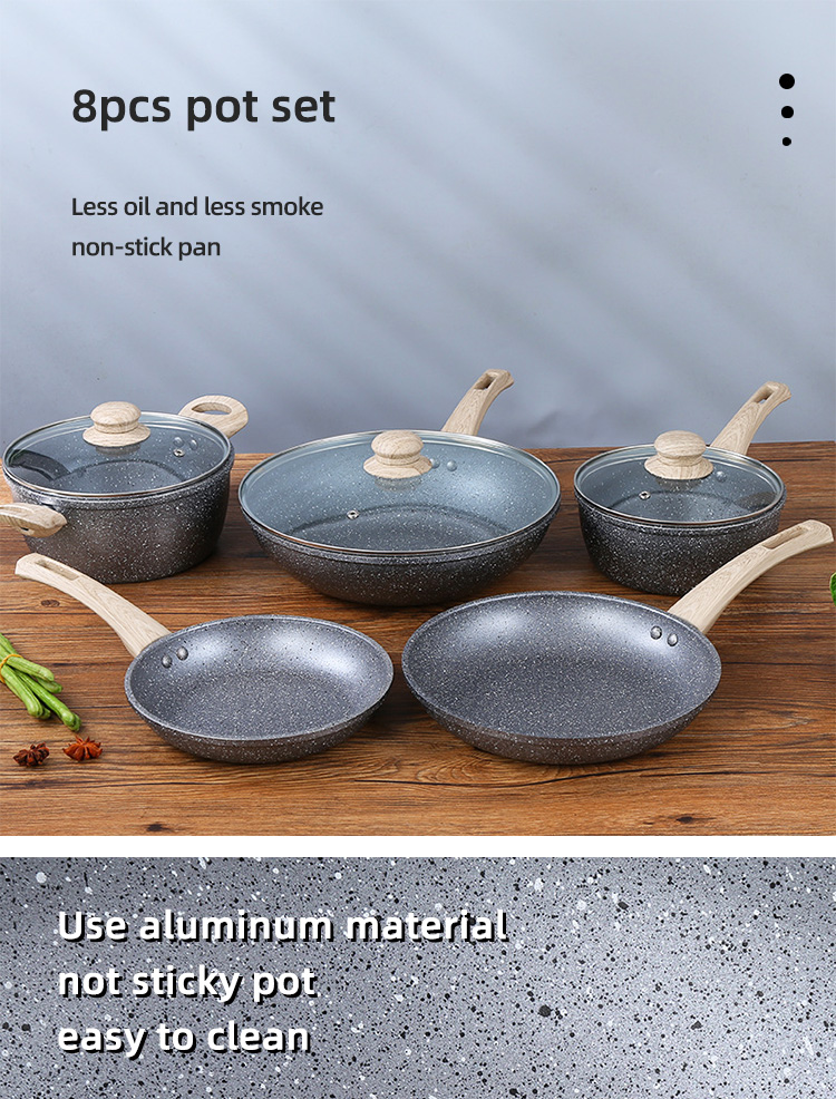 8Pcs Maifan Stone Nonstick Aluminium Cooking Pot Set Grey Color