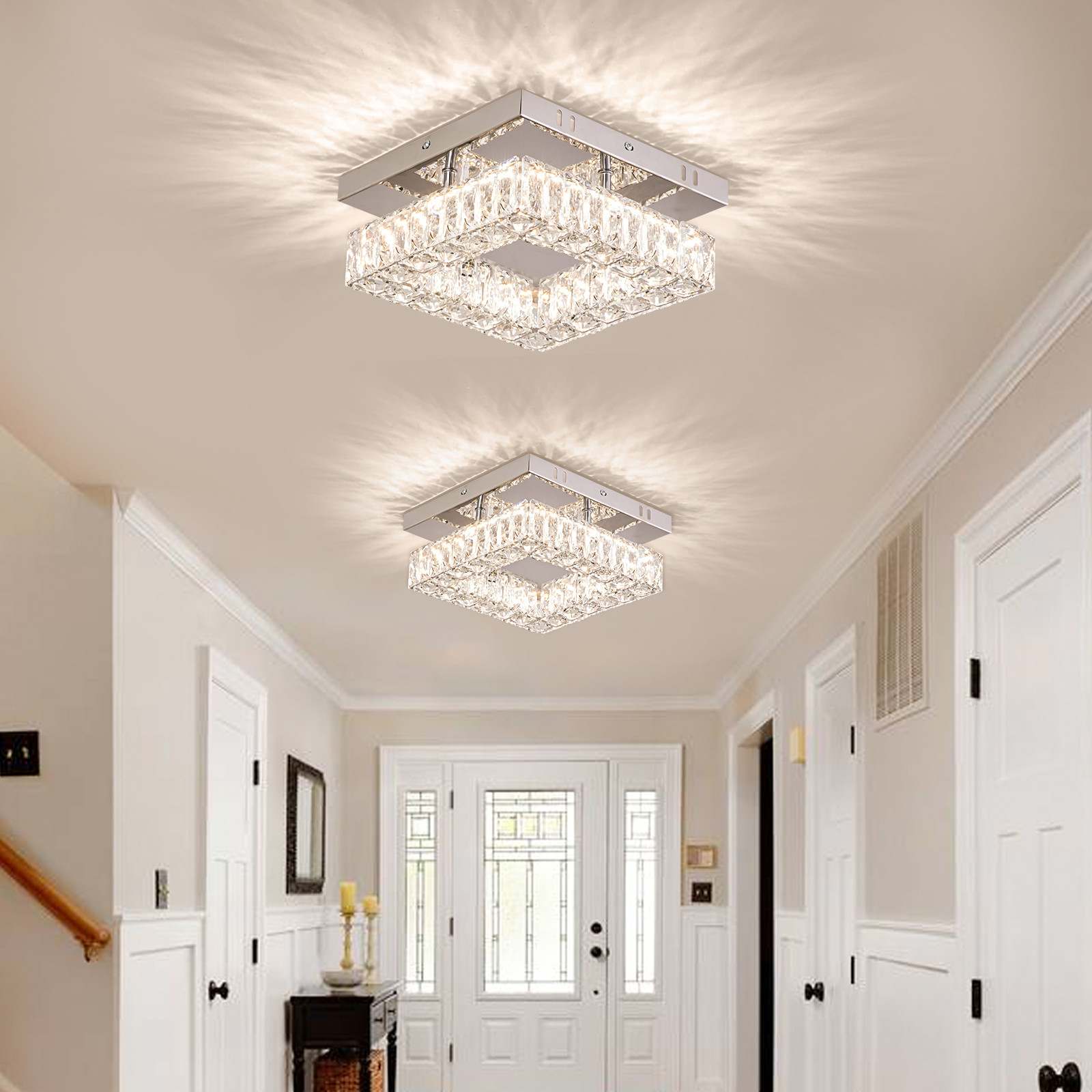 Square Flush Mount Crystal Chandelier Ceiling Fan For Kitchen Bathroom