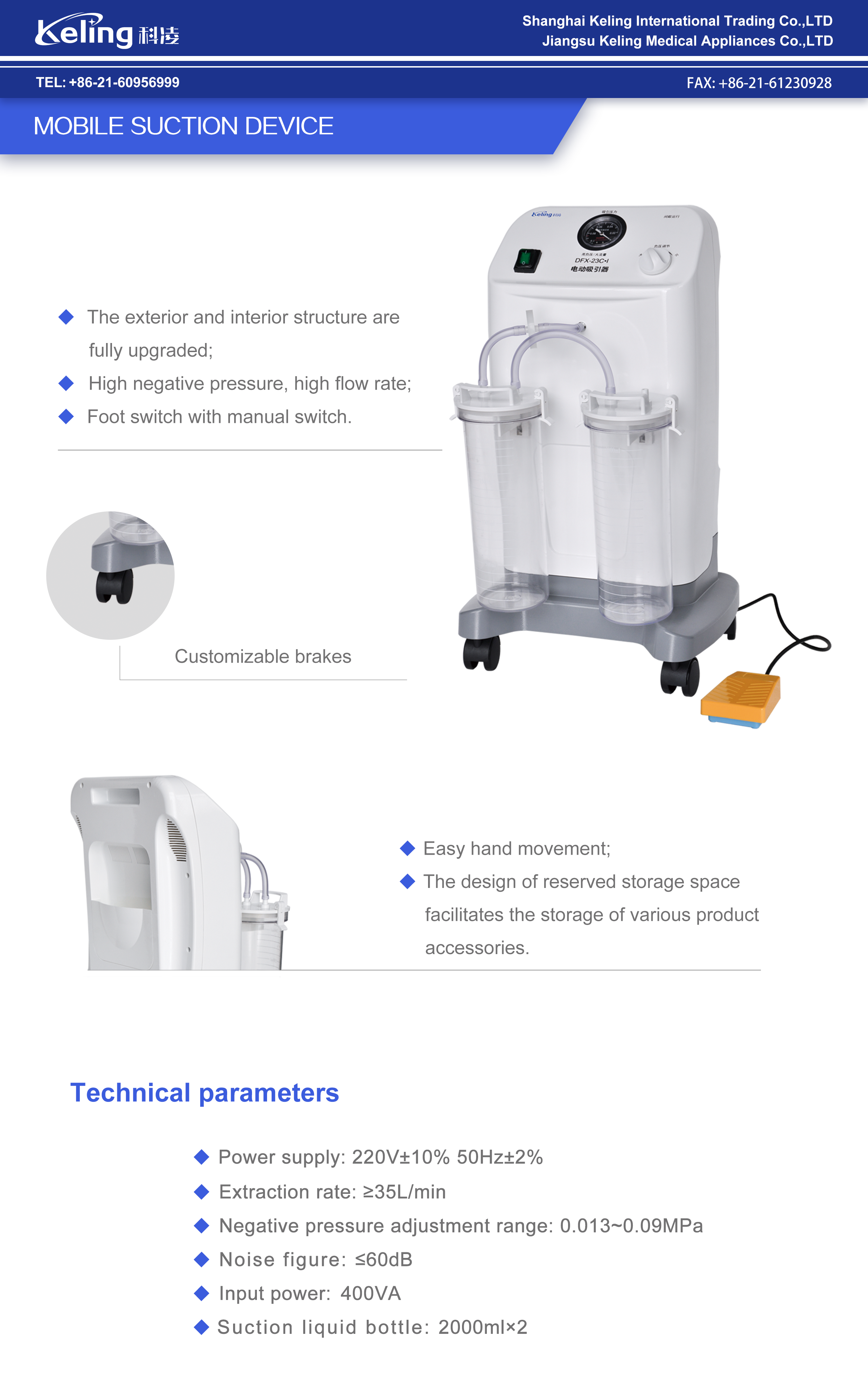 Electrical Medical Suction Pump Plastic Mobile Surgical Suction Device