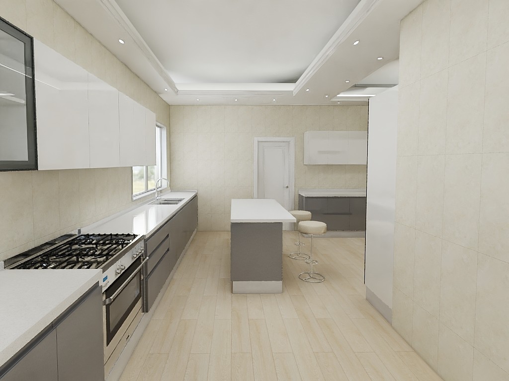 2022 New Trend Straight Island Kitchen Cabinets With Quartz Work Top And Hood
