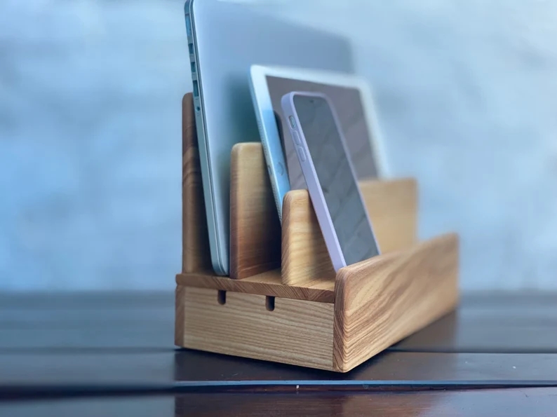 Desk Organizer Gift for men Personalized Wooden Tablet stand Multi Device Organizer for Smartphones Ultimate device storage