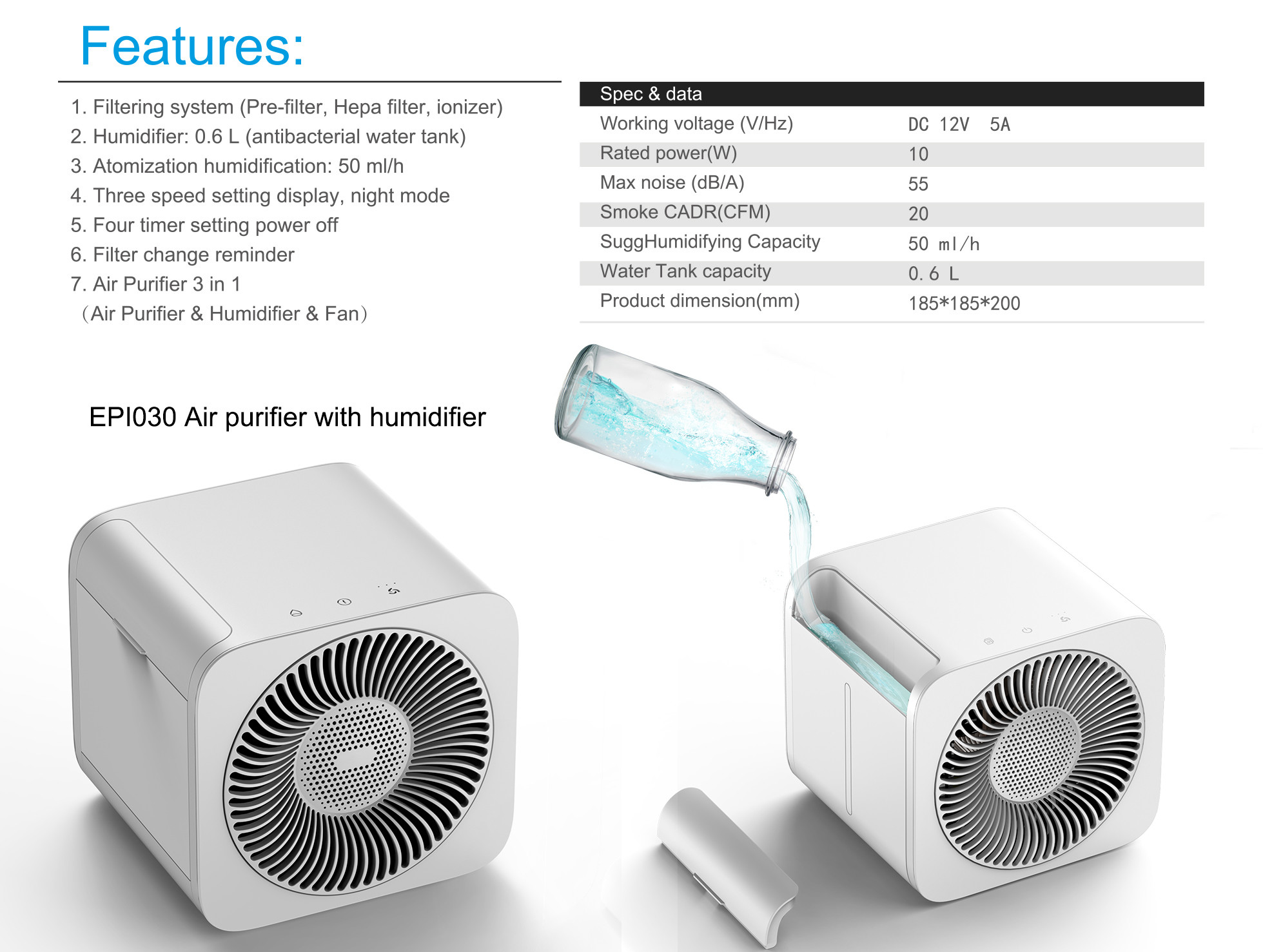 EPI030 True Hepa Filter 2 In 1 Air Purifier And Humidifier Wind Speed Adjustment UV Kill Bacteria