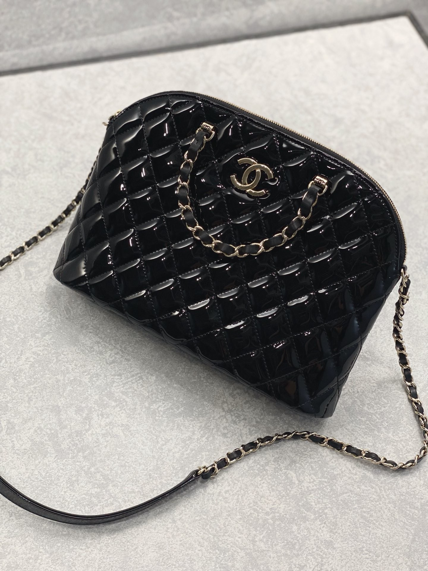 Small Chanel Patent Calfskin Shopping Bag With Retro Lady Style