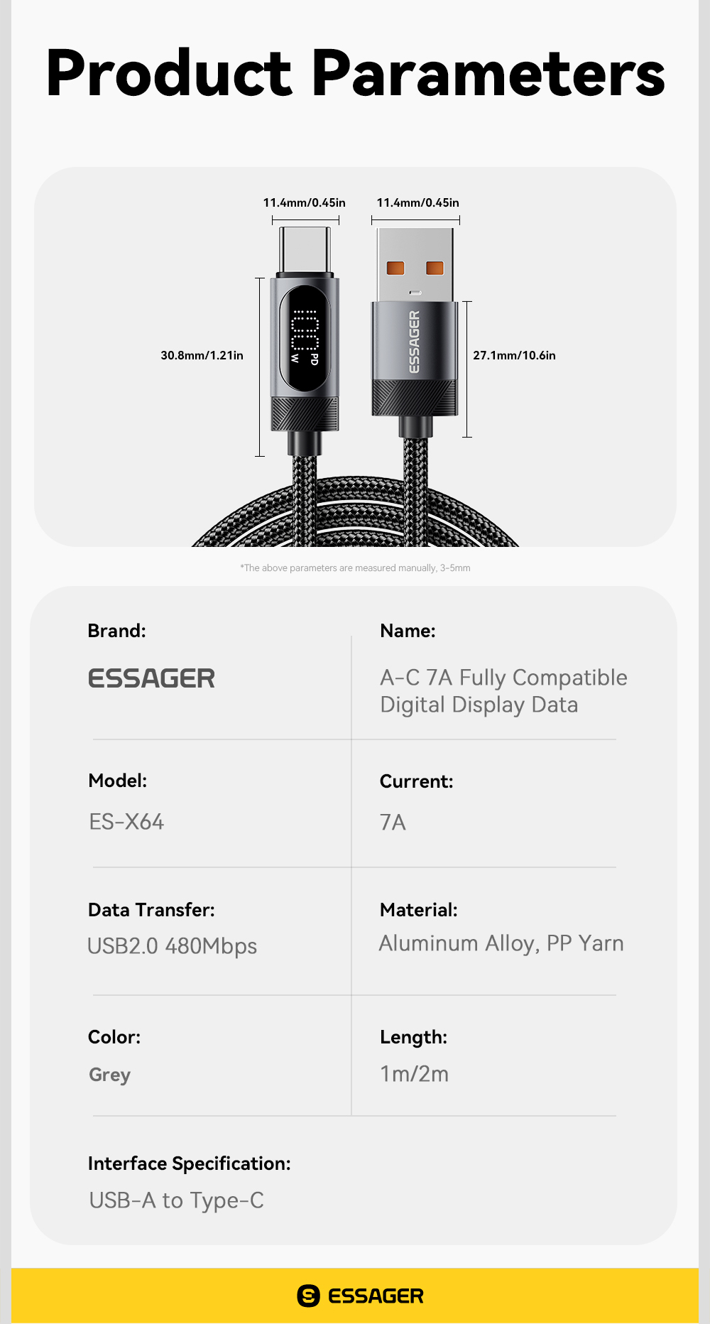 ESSAGER ES-X64 Series 7A LED Display USB Charing Data Cable USB to Type C
