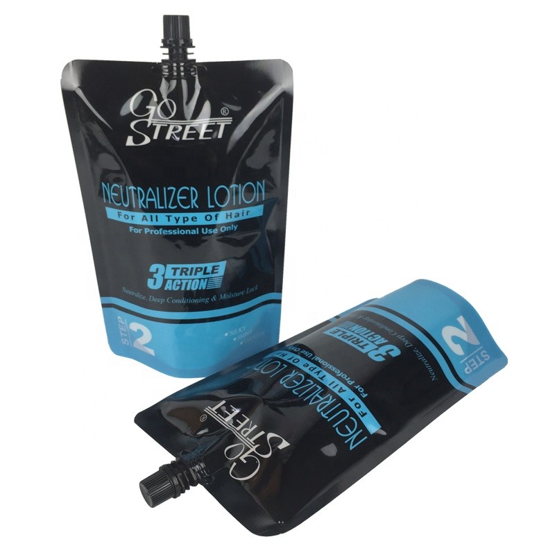 custom printing stand up pouch glossy plastic spout doypack liquid hair lotion packaging bag