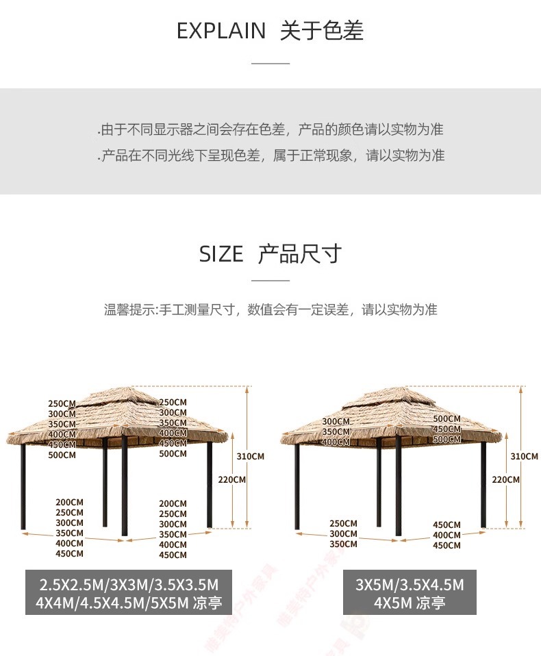 "Gazebo, Outdoor Courtyard Pavilion, Aluminum Alloy Garden Cabana, Thatched Roof Hut, Sunroom, Tea House, Rural Yard, Homestay Canopy"