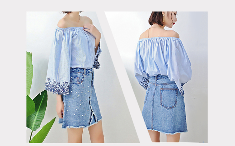 Young Ladies Short Denim Mini Skirt With Pearls , Women's A Line Denim Skirt