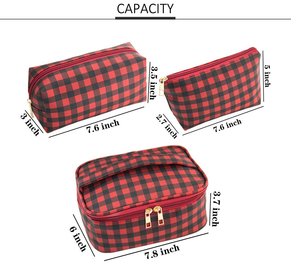 3pcs Red Black Plaid Polyester Cosmetic Bag For Travel