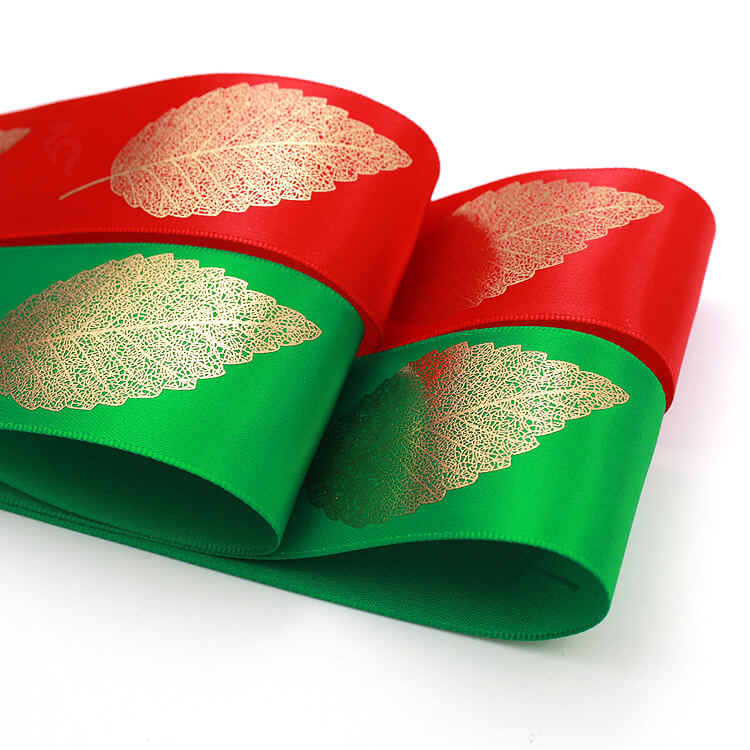 Various Color Silk Satin Ribbon Golden Leaf Printing With OEM Services