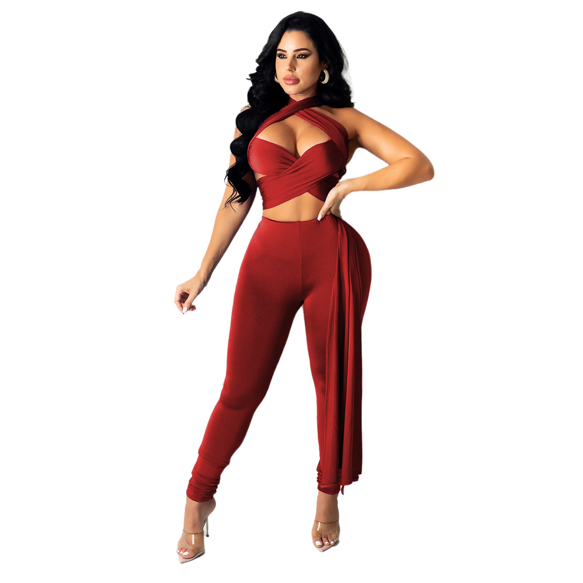 Belted And Crossed With Hollowed-Out Neck Lanyard Pant Suit Ladies