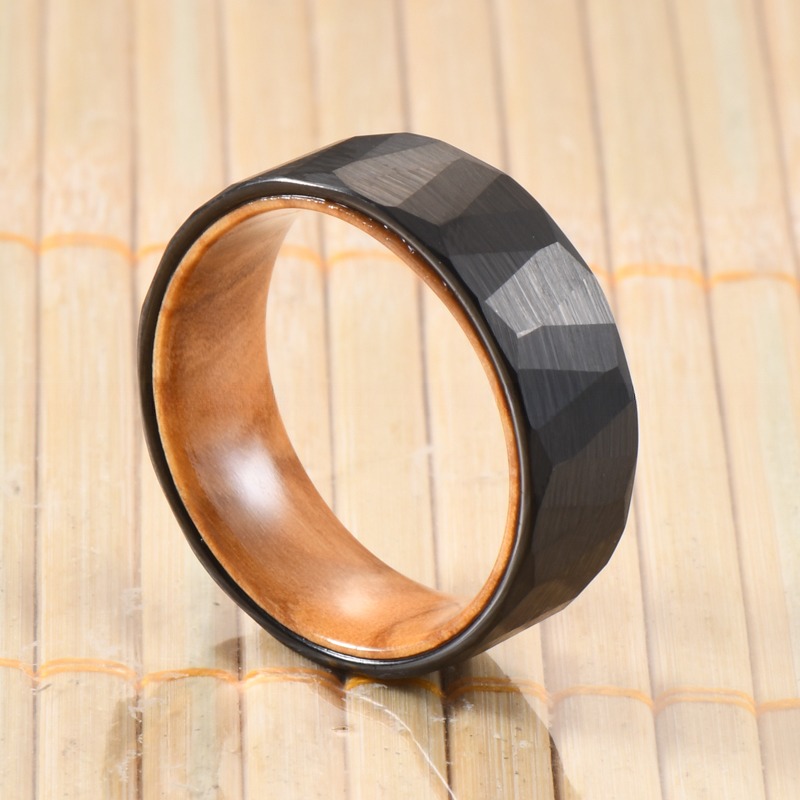 Sample Making Service Provided 8mm Faceted Silver Black Wedding Band Olive Wood Sleeve Inlay Tungsten Ring for Men Women