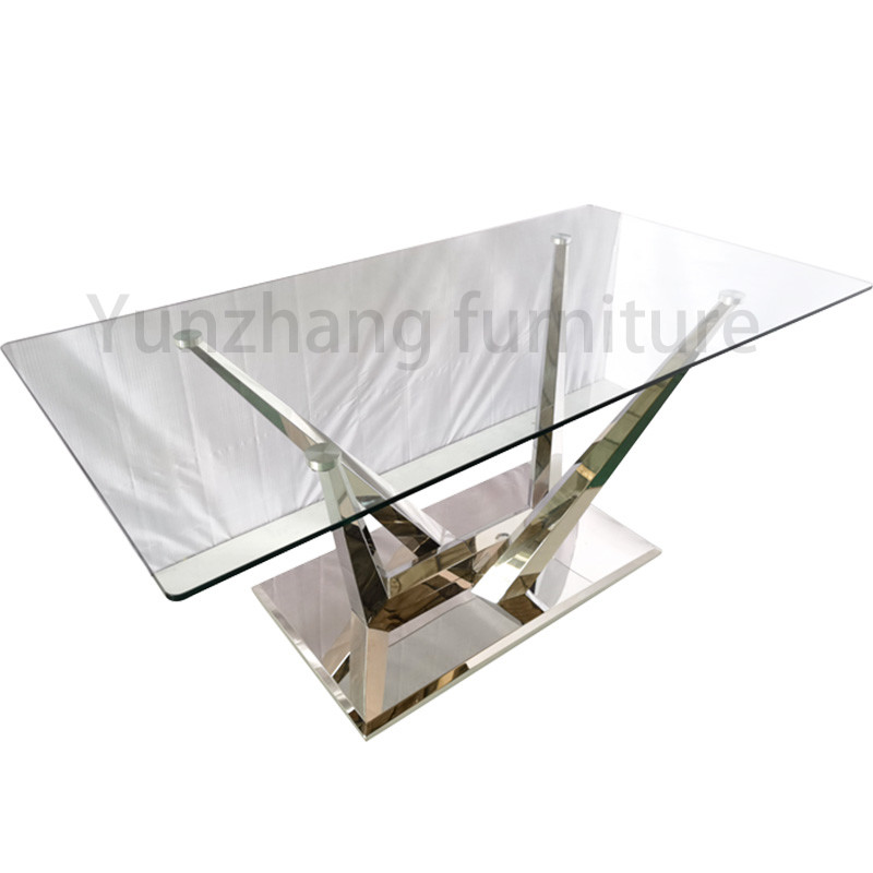 Silver Color Luxury Modern Dining Tables Glossy Tempered Glass Sophisticated Dining Table