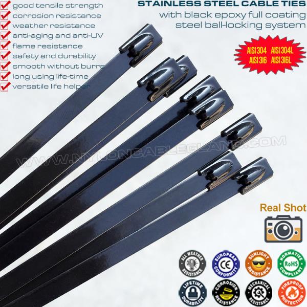 Quality 316/304 Stainless Steel Ball-lock Cable Tie 200mm x 7.9 with Black Epoxy Fully Coating (380lbs) for Outdoor Fence for sale